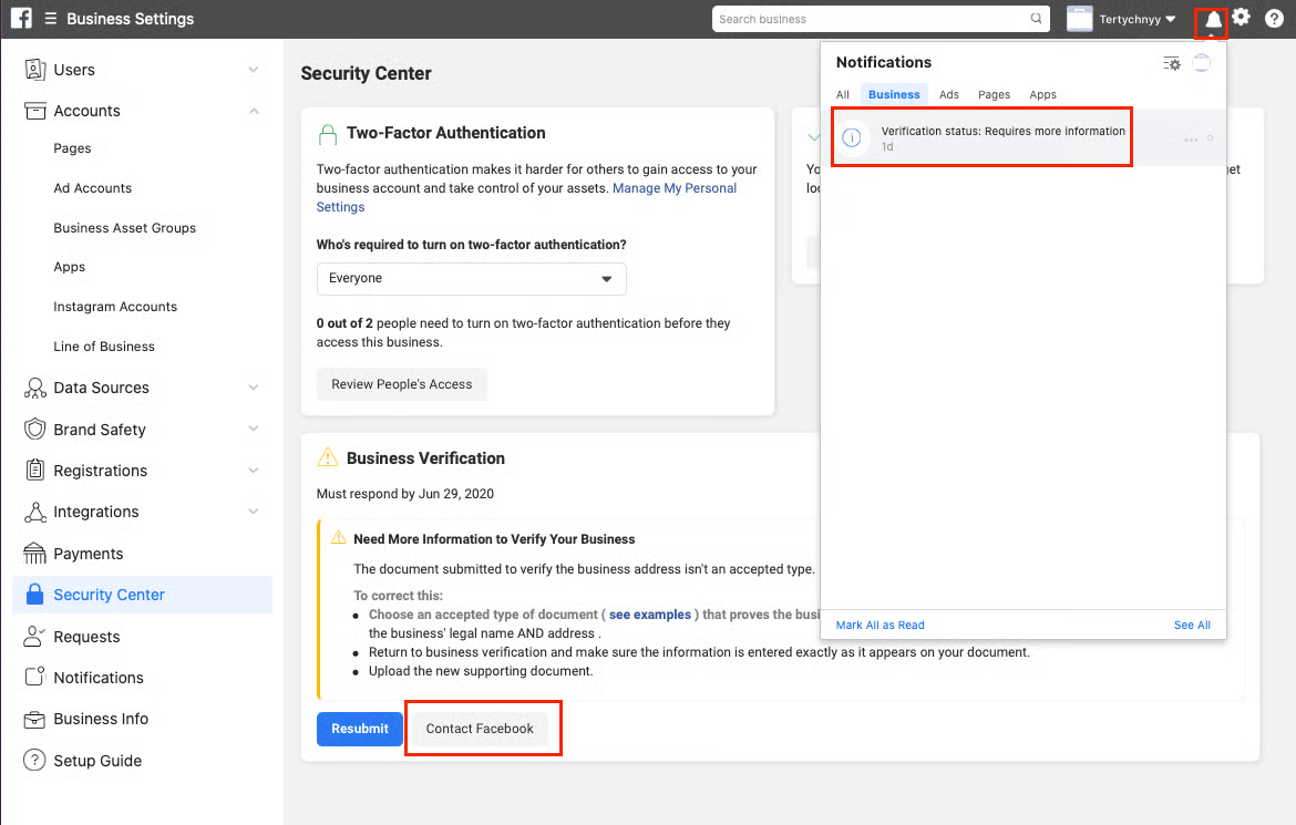 Meta Business Suite Security Centre showing a "Need more information to verify your business" notice with Resubmit and Contact Facebook buttons, and a "Verification status: Requires more information" alert
