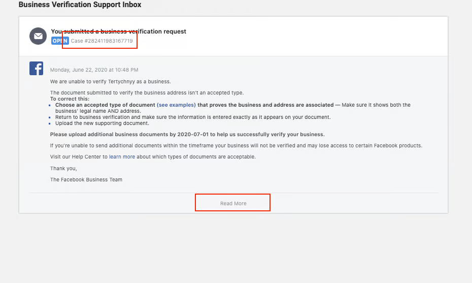 Business Verification Support Inbox message saying the business could not be verified because the submitted document type wasn't accepted, with steps to upload an accepted document by a given date