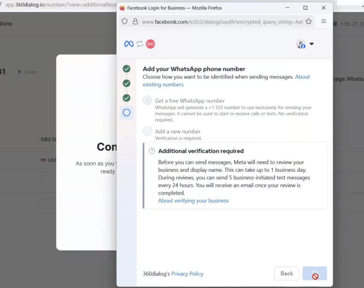Embedded Signup screen to create a WhatsApp account and register a number