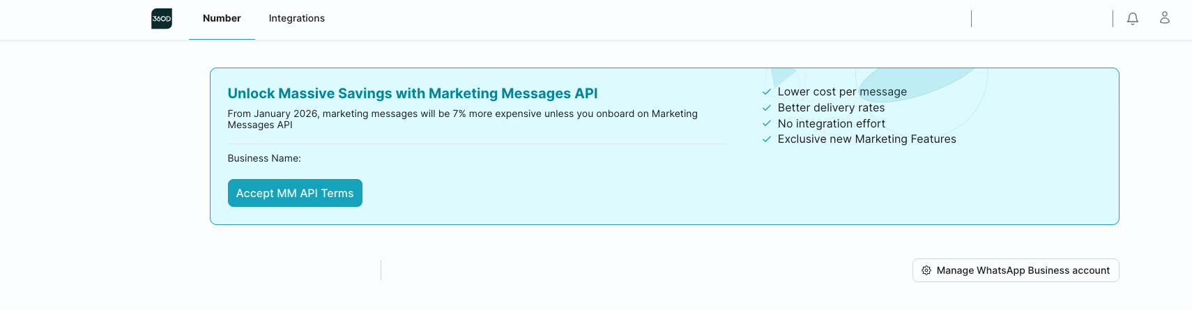 The dashboard banner with the Accept MM API terms button