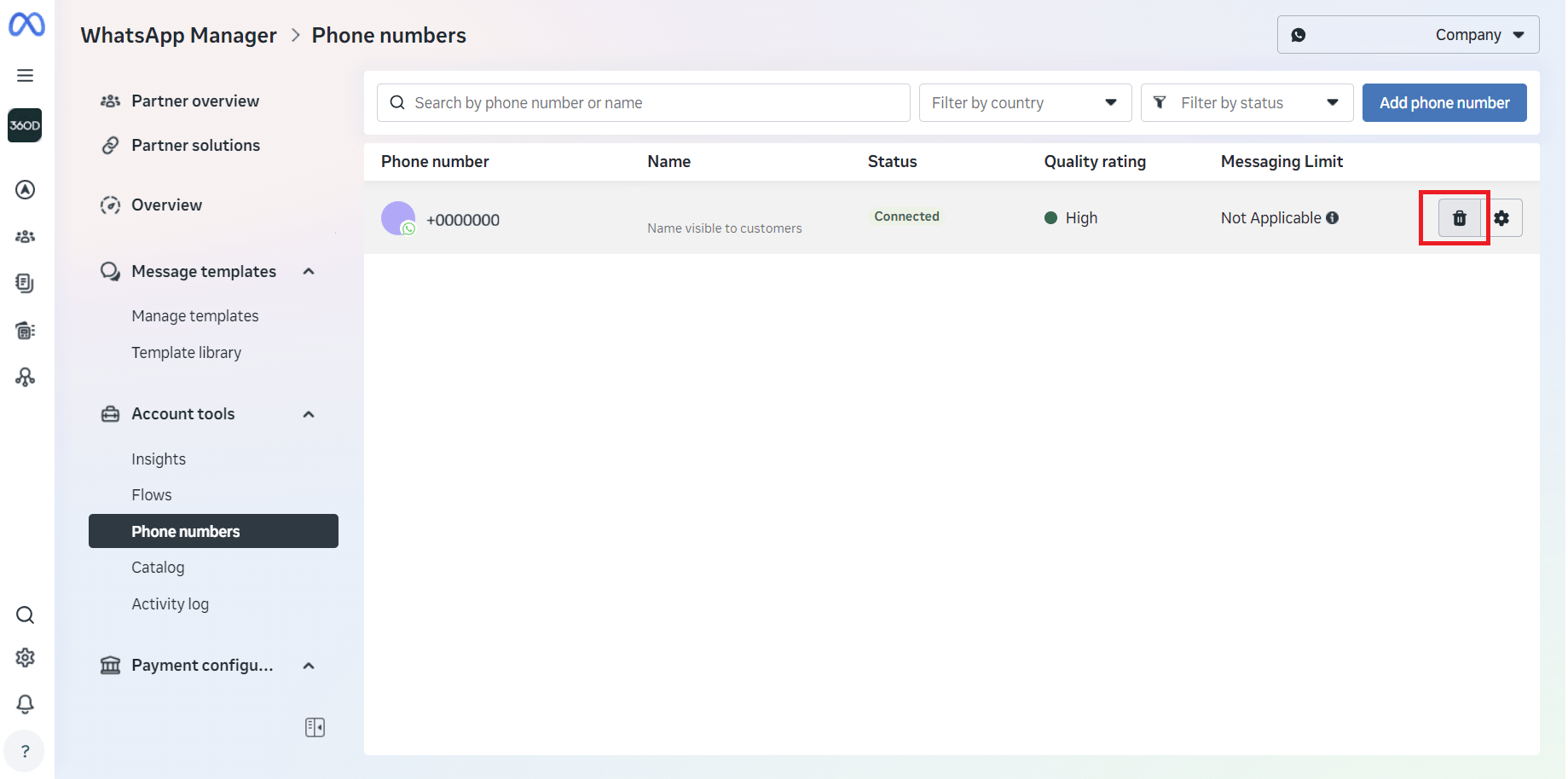The Phone numbers list in WhatsApp Manager showing each number's status