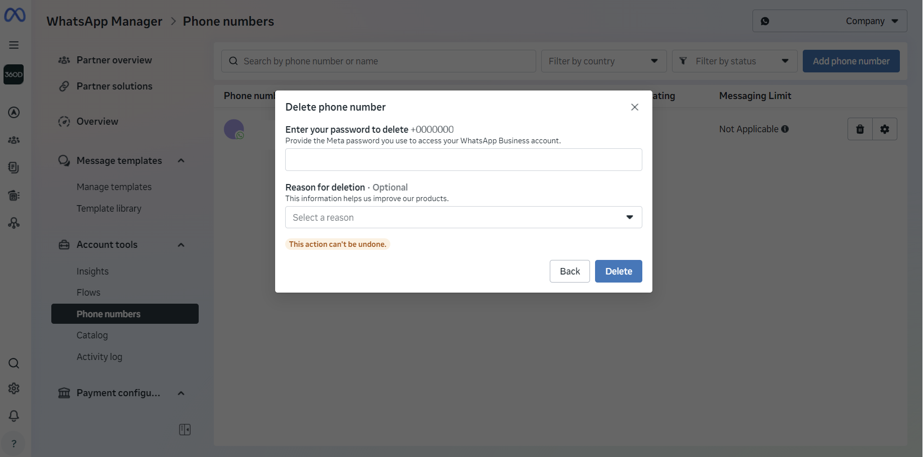Removing a phone number from WhatsApp Manager
