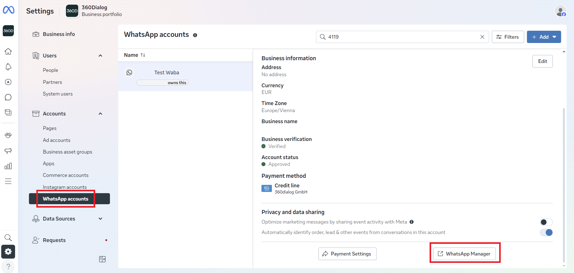 The WhatsApp Accounts settings page with the WhatsApp Manager button