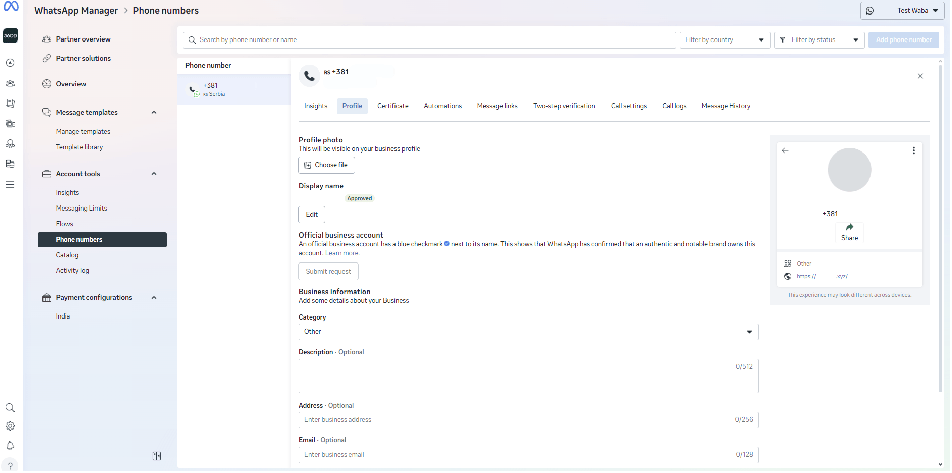 The Profile tab showing editable fields like picture, category, description, address, email, and website