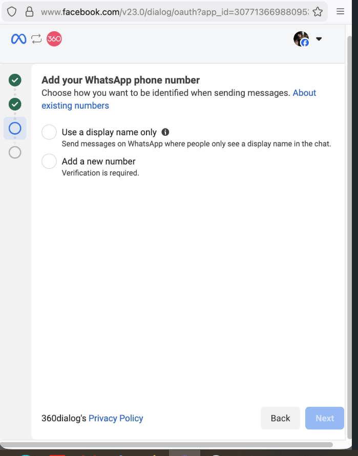 The Embedded Signup screen offering the "use a display name only" option