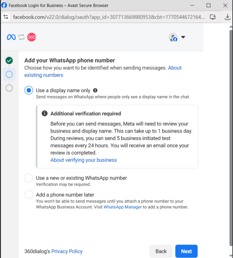 The "Additional verification required" message shown after choosing display name only