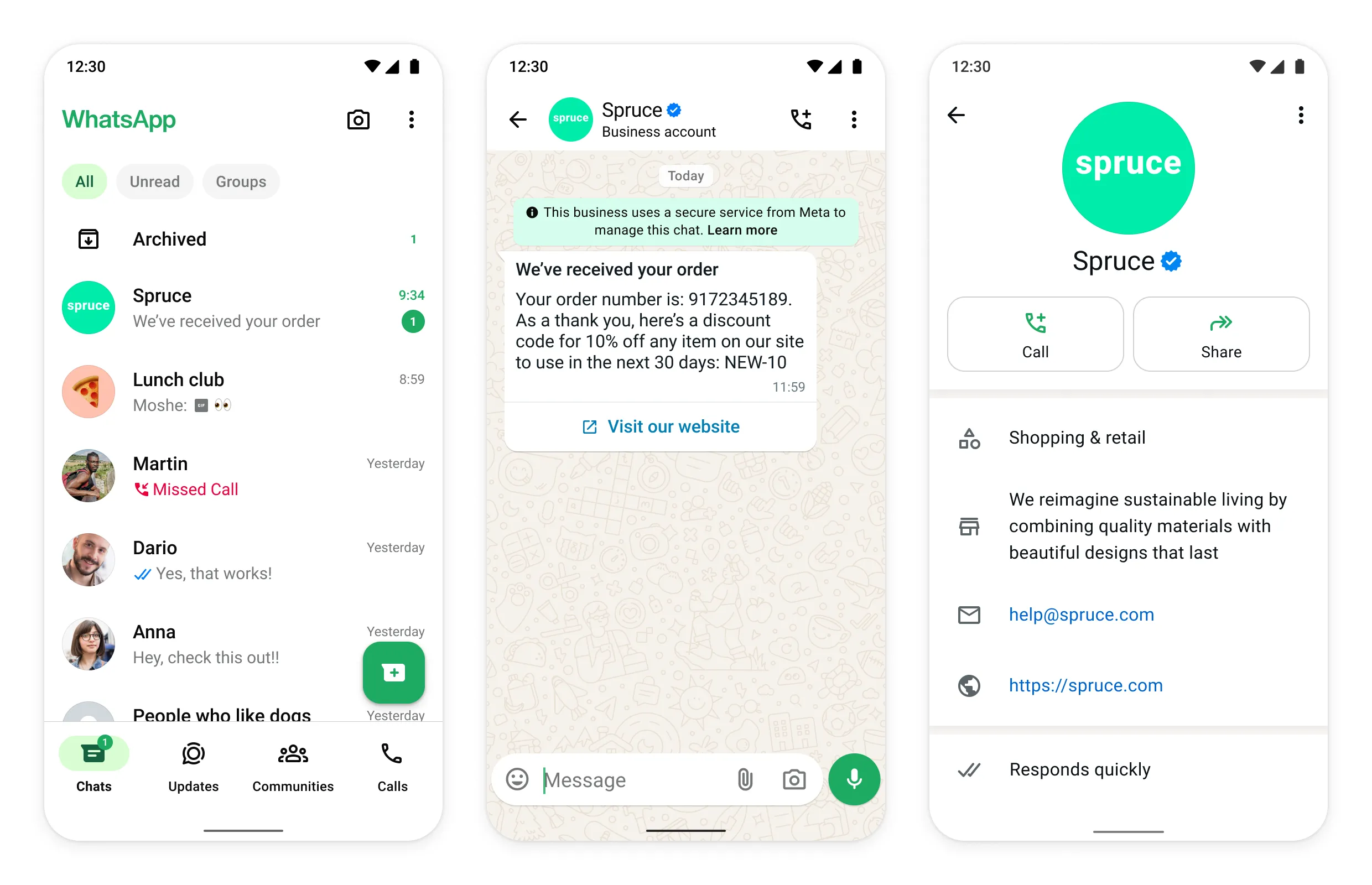 WhatsApp chat showing the official business badge to the right of the business display name