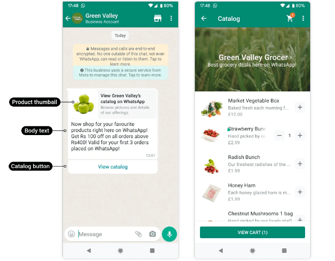 A catalog template message with a View catalog button that opens the product list in chat