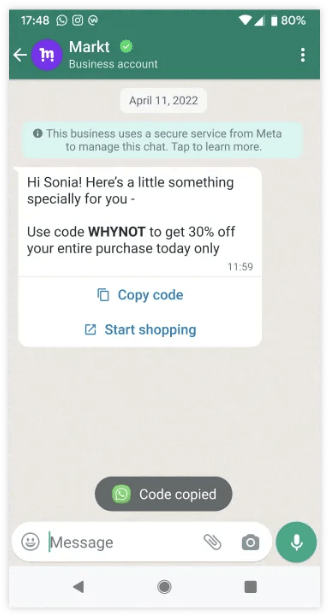 A coupon code template message with a tap-to-copy code button