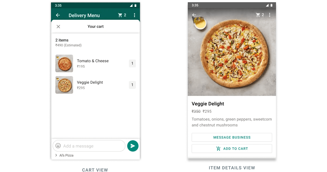 Products organised into named sections inside the message