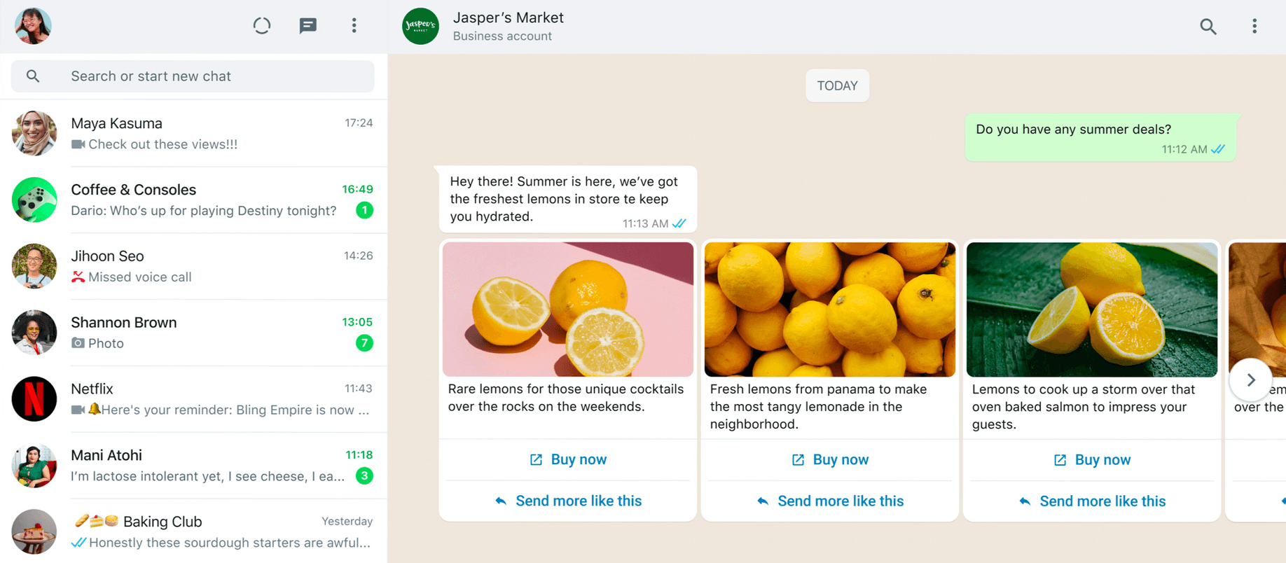 A product card carousel with swipeable cards inside one WhatsApp message