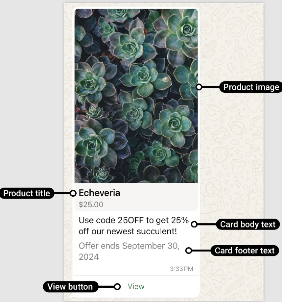 A single-product message template showing one product card with a View button