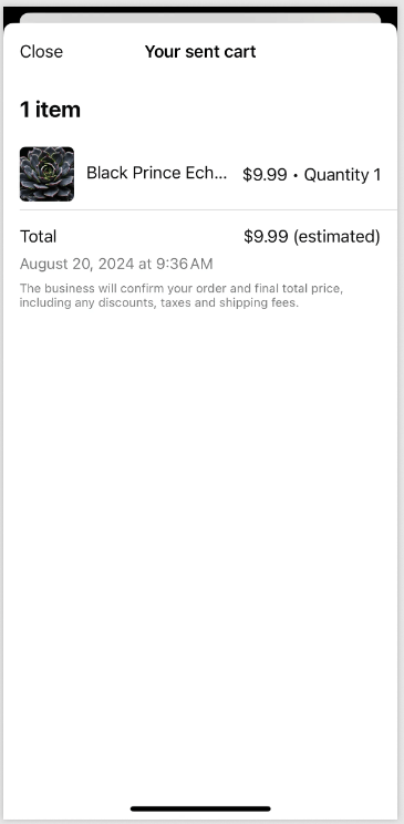 The order details view, reachable from the message
