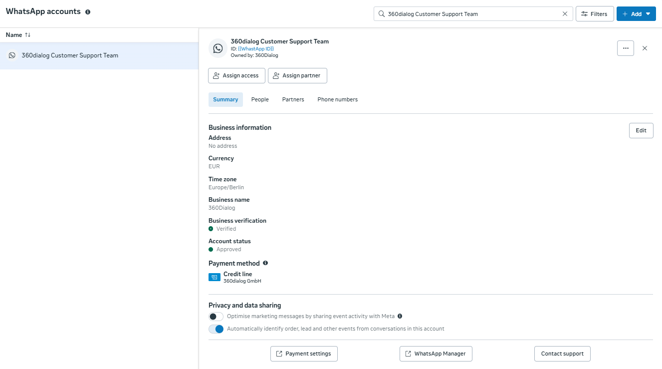 Opening WhatsApp Manager to reach WABA settings in Meta Business Manager