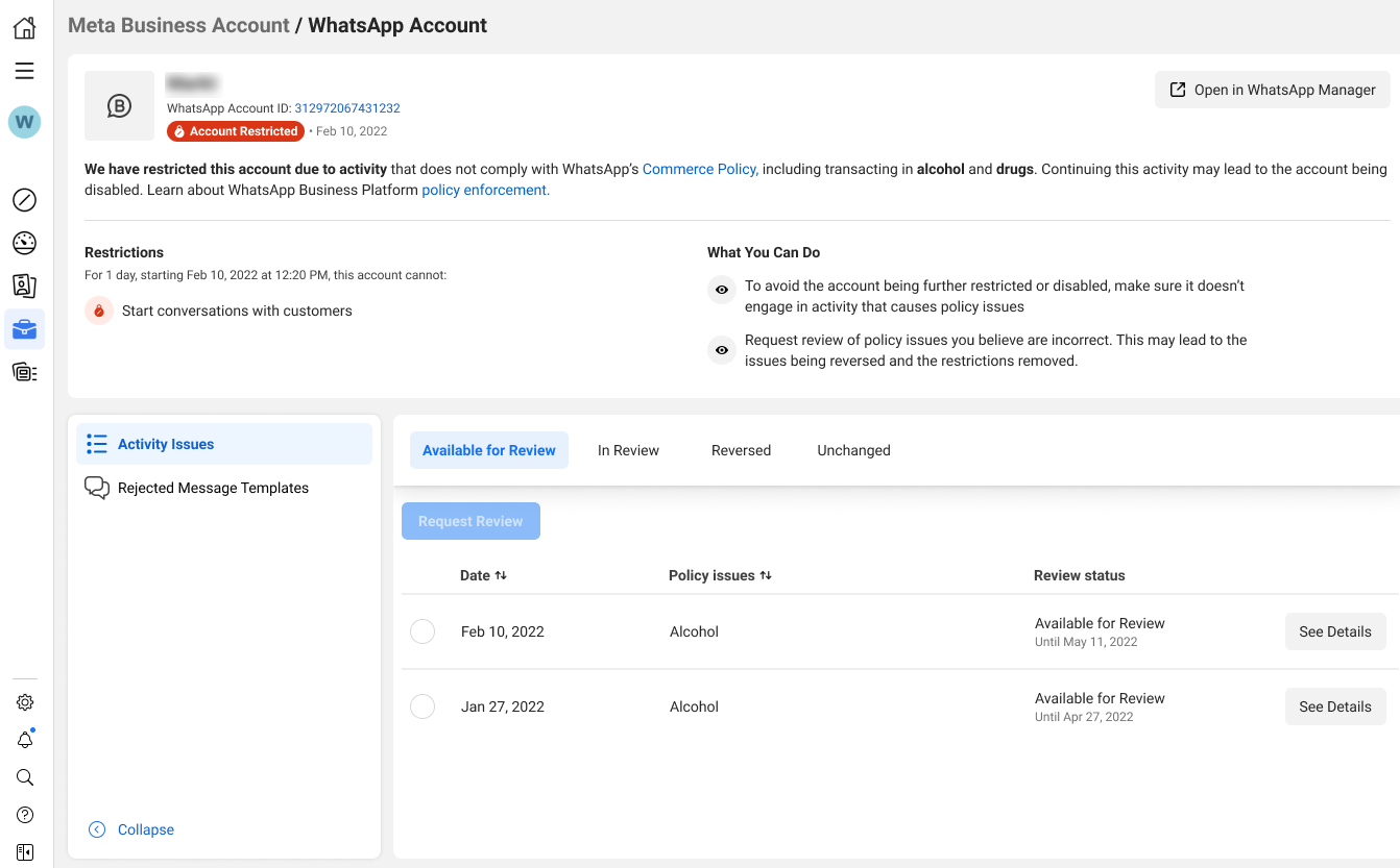 the Meta Business Support Home page showing the affected account and the Request Review option