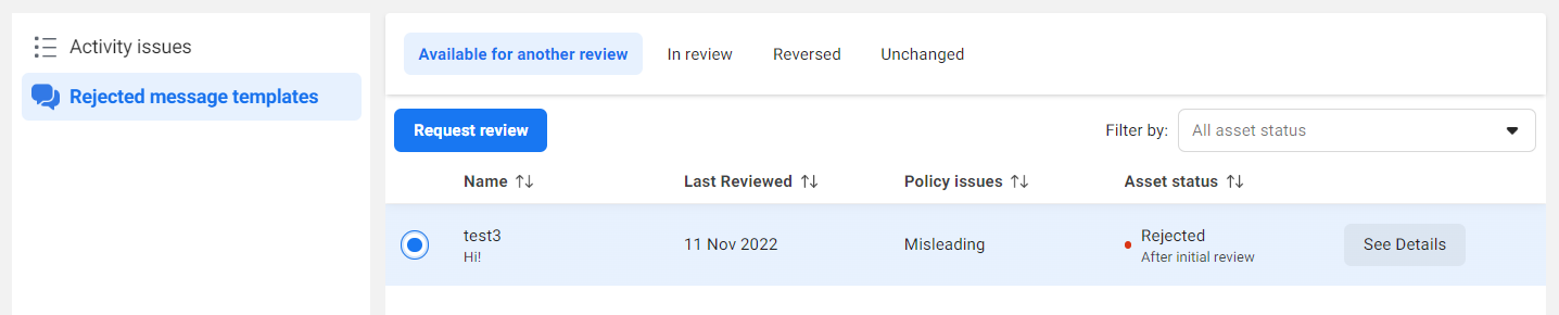 the Rejected Message Templates list with the Request Review option