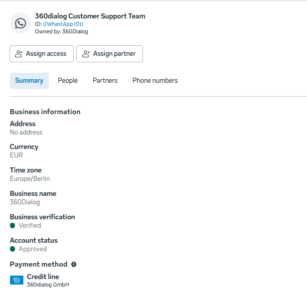 WhatsApp Business Account showing an Approved status