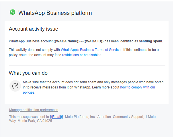 Example email from Meta about a spam-related policy violation
