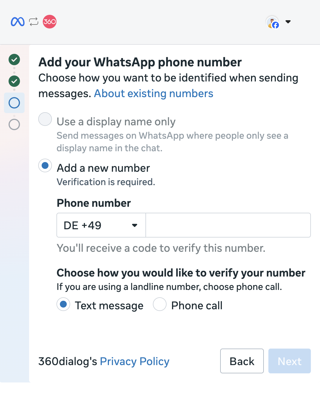 Adding your WhatsApp phone number in the Meta popup
