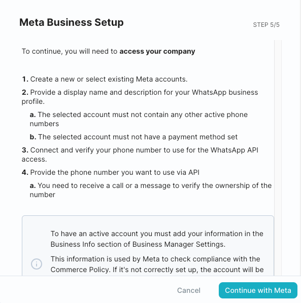 Continue with Meta — Meta Business Setup screen