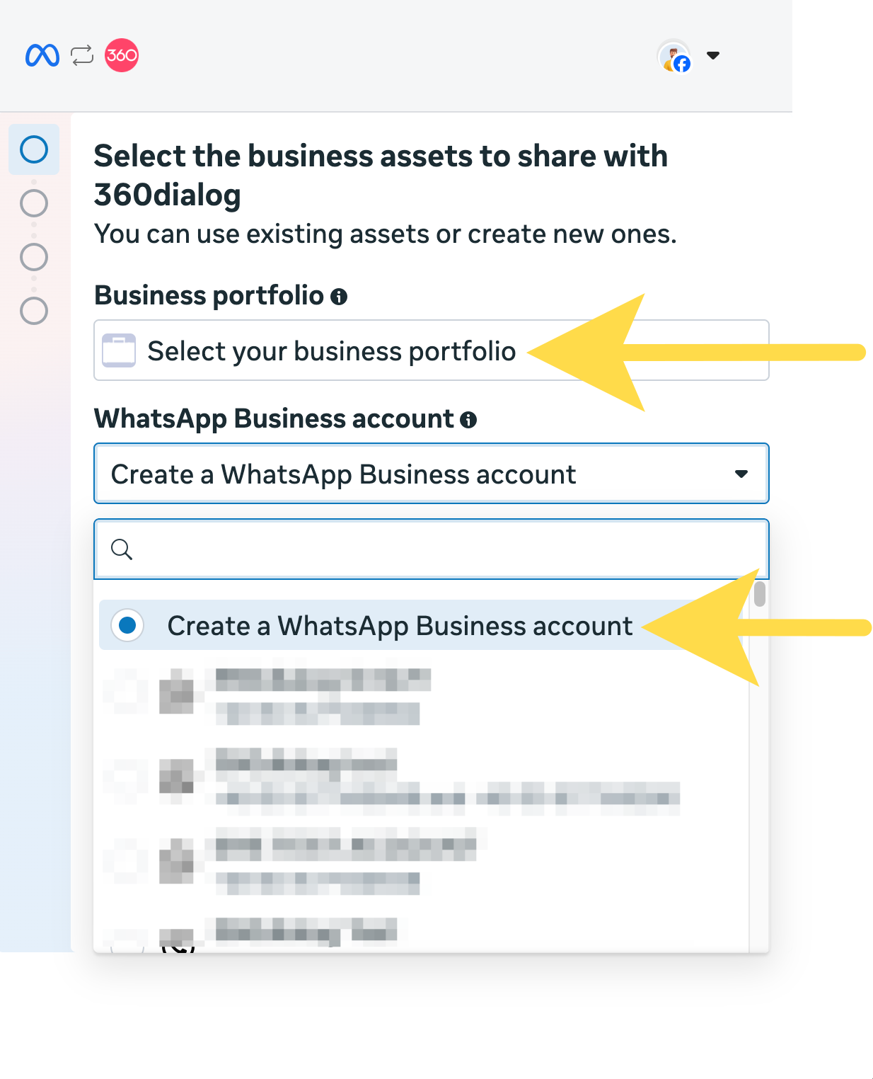 Selecting your business portfolio and WhatsApp Business Account
