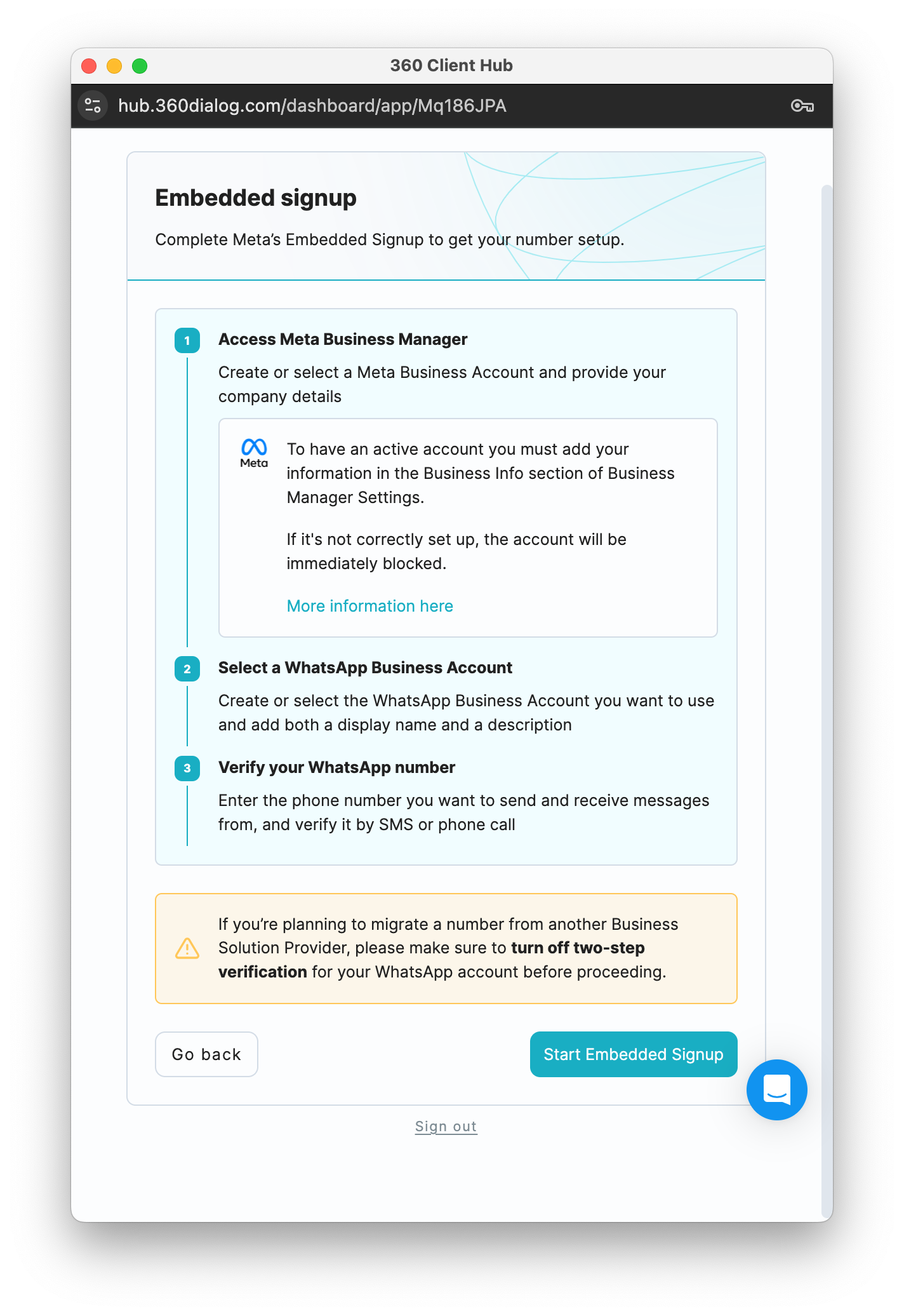 The Meta embedded signup popup starting