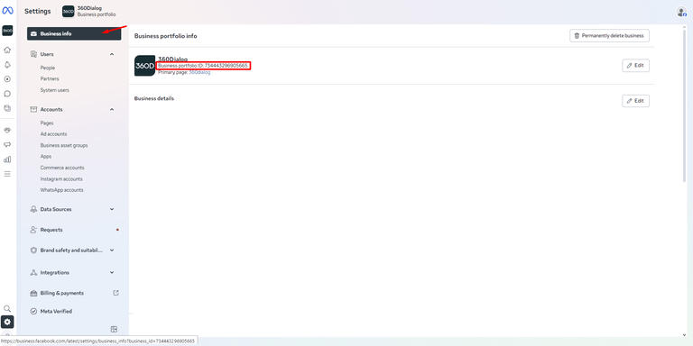 Business Portfolio ID in Meta Business Suite settings