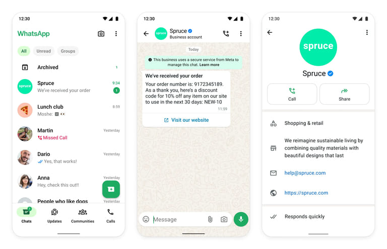 A verified Official Business Account green badge on WhatsApp
